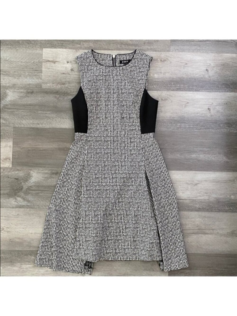 DKNY Sleeveless Dress A Line Houndstooth Black White Fit Flare Office Sz 6